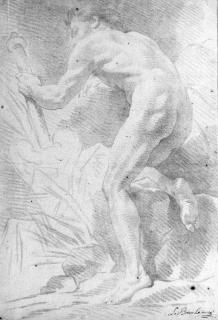 André Le Brun - A nude seen from behind holding a staff