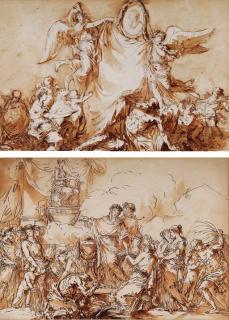 André Le Brun - Allégories de la Mort et des Arts surmontées par un portrait d\'homme dans un médaillon tenu par deux figures de la Renommée; et Le sacrifice des Vestales