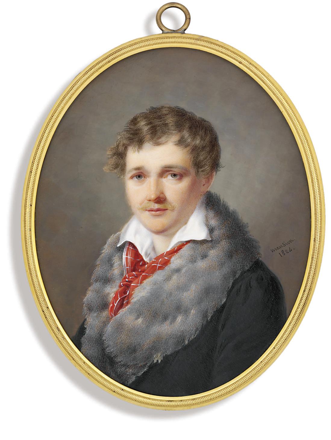 André Léon Larue - A young gentleman called Alexandre L[...], in fur-bordered bottle green coat, open white shirt and red checked scarf loosely knotted, fair hair and moustache