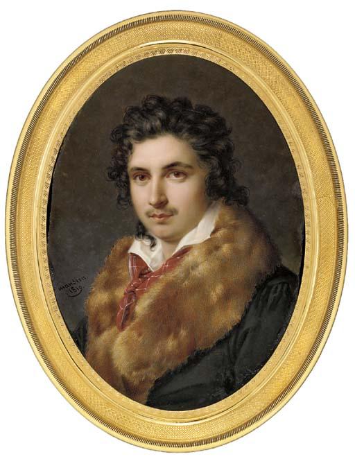 André Léon Larue - A young gentleman in fur-bordered black coat, white-bordered red scarf knotted around his white shirt, curling dark hair and moustache