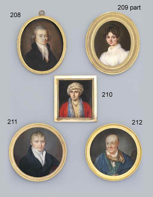 André-Léon Larue - A Young Gentleman In Oriental Costume, Gold Bordered Red Coat, Fur Bordered Gold-Embroidered Blue Scarf, White And Gold-Embroidered Kaftan, Wearing A Gold Striped White Turban