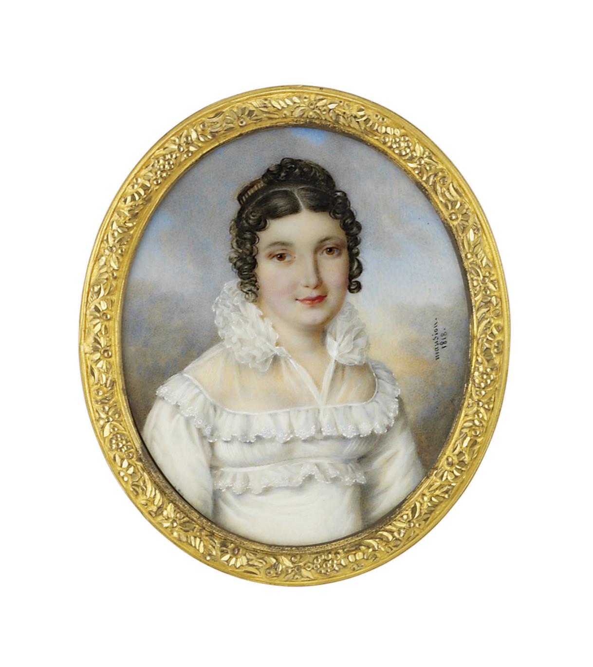 André-Léon Larue - A young lady, in white mull evening gown with frills at the neckline and empire waist, white gauze collar with a Renaissance-inspired ruff; sky background