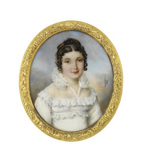 André-Léon Larue - A young lady, in white mull evening gown with frills at the neckline and empire waist, white gauze collar with a Renaissance-inspired ruff; sky background