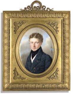 André Léon Larue - Robert Tubbs (1798-1884), in blue coat, white waistcoat and black cravat, fair curling hair; sky background