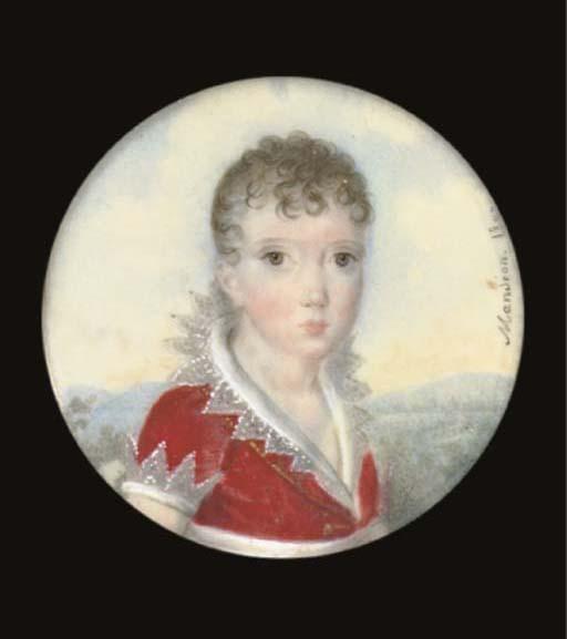 A young child in scarlet dress with scalloped collar and cuffs by Andre