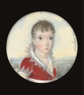 Andre Leon Mansion - A young child in scarlet dress with scalloped collar and cuffs