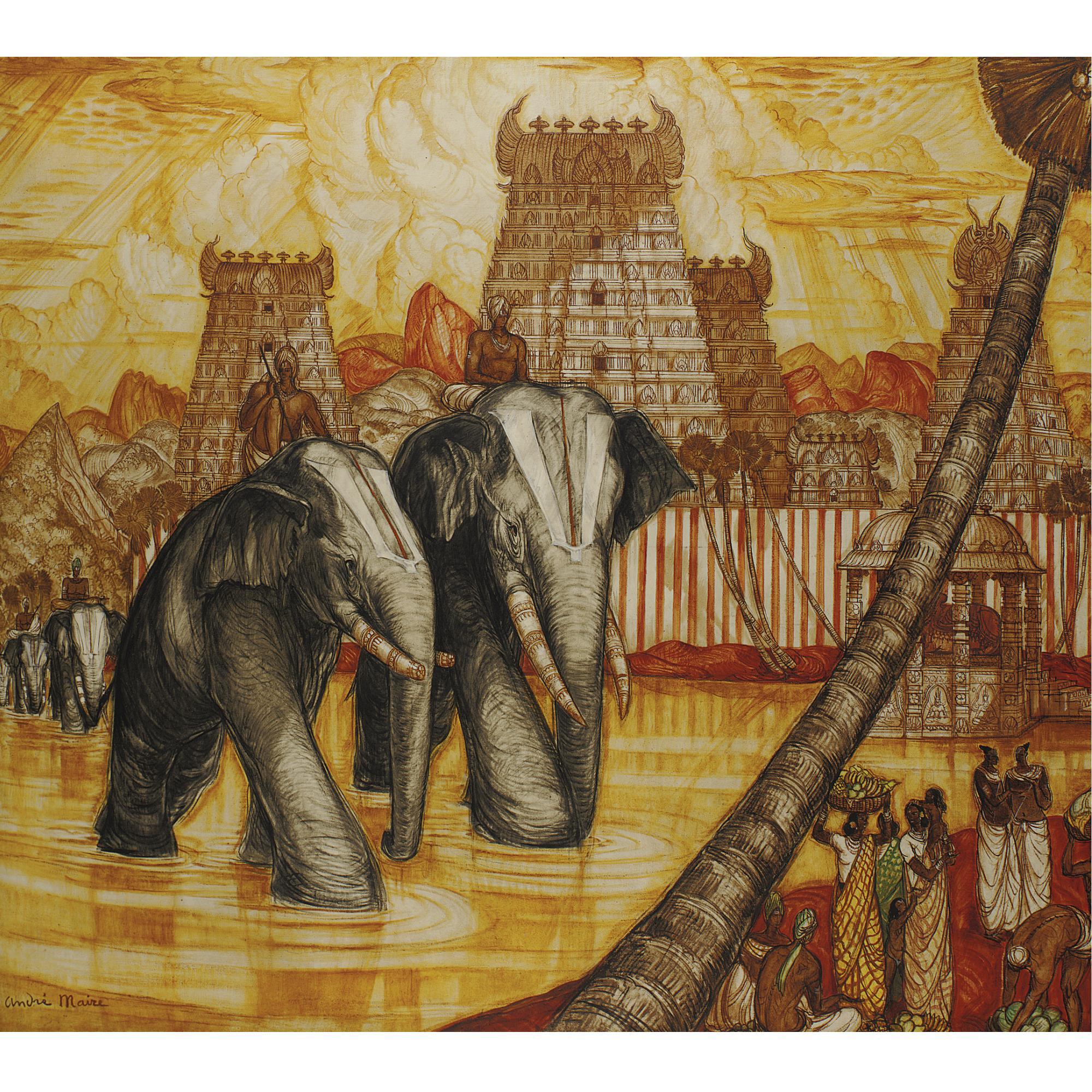André Maire - Elephants In Front Of Hindu Temples