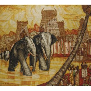 André Maire - Elephants In Front Of Hindu Temples