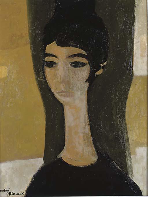 André Minaux - Portrait de femme sur fond vert et jaune
