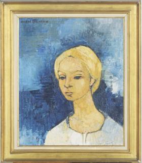 André Minaux - Portrait of a lady against a blue background