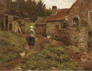 Andre Plumot - A milkmaid before a farmstead