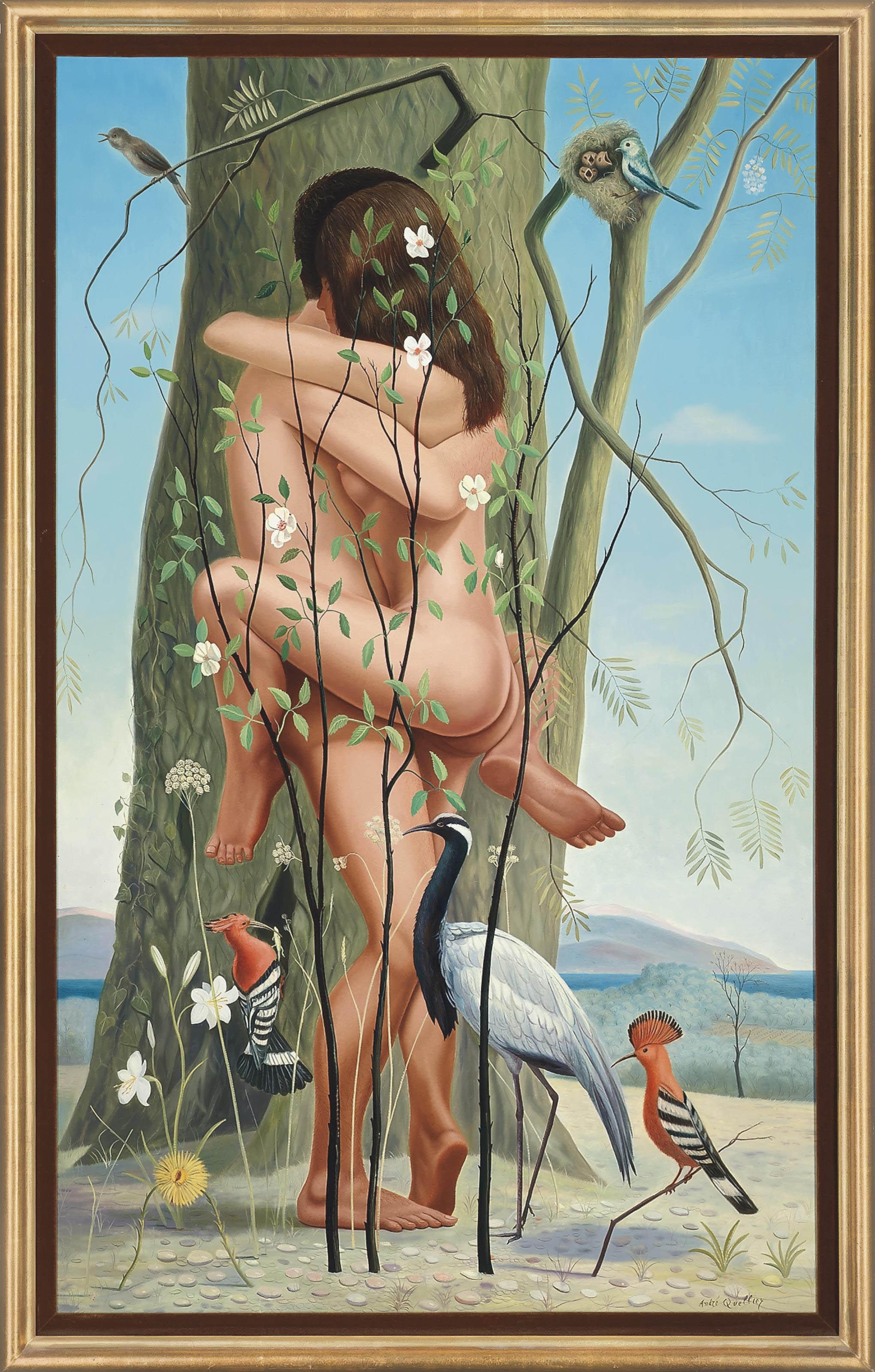 André Quellier - Amorous Couple In A Garden, With A Hoopoe
