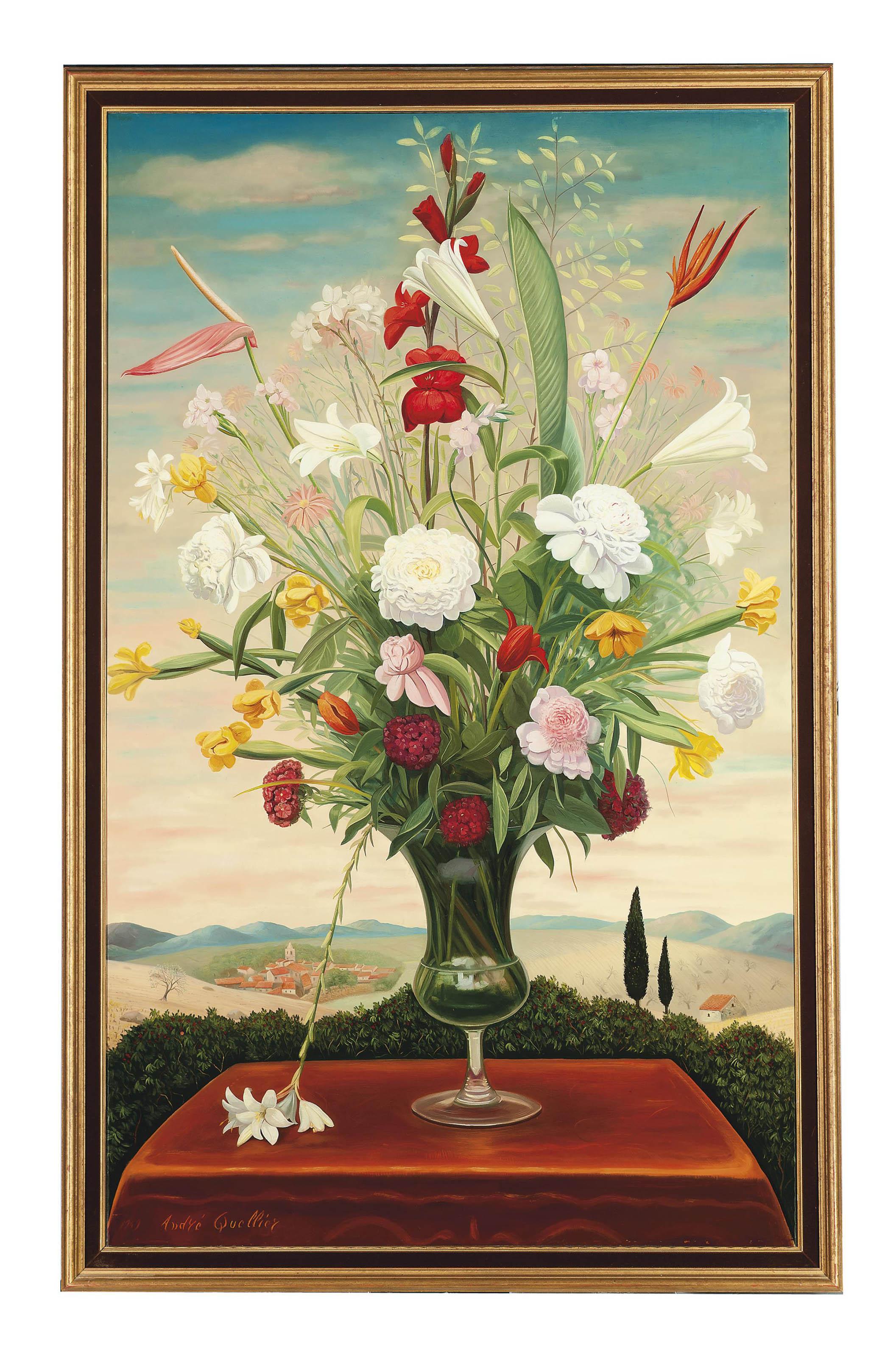 André Quellier - Flowers In A Glass Vase, In A Landscape