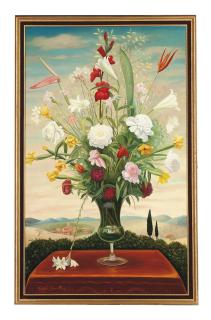 André Quellier - Flowers In A Glass Vase, In A Landscape