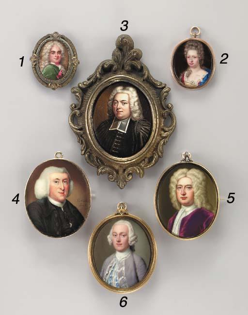 André Rouquet - A gentleman believed to be John Austen (c. 1716-1807), facing left in silver-bordered lavender-coloured coat, silver-bordered blue waistcoat and cravat, powdered wig en queue