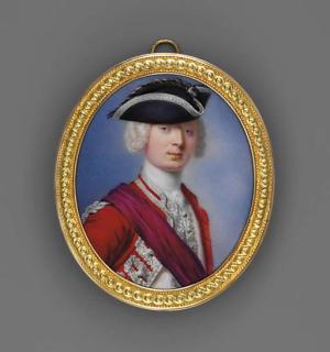 André Rouquet - A Superb Miniature of A Young Nobleman In Silver-Embroidered Scarlet Coat And Cream Waistcoat, With Purple Sash, Wearing A White Bordered Black Tricorn Hat With Black Feathers On His Curly Powdered Wig