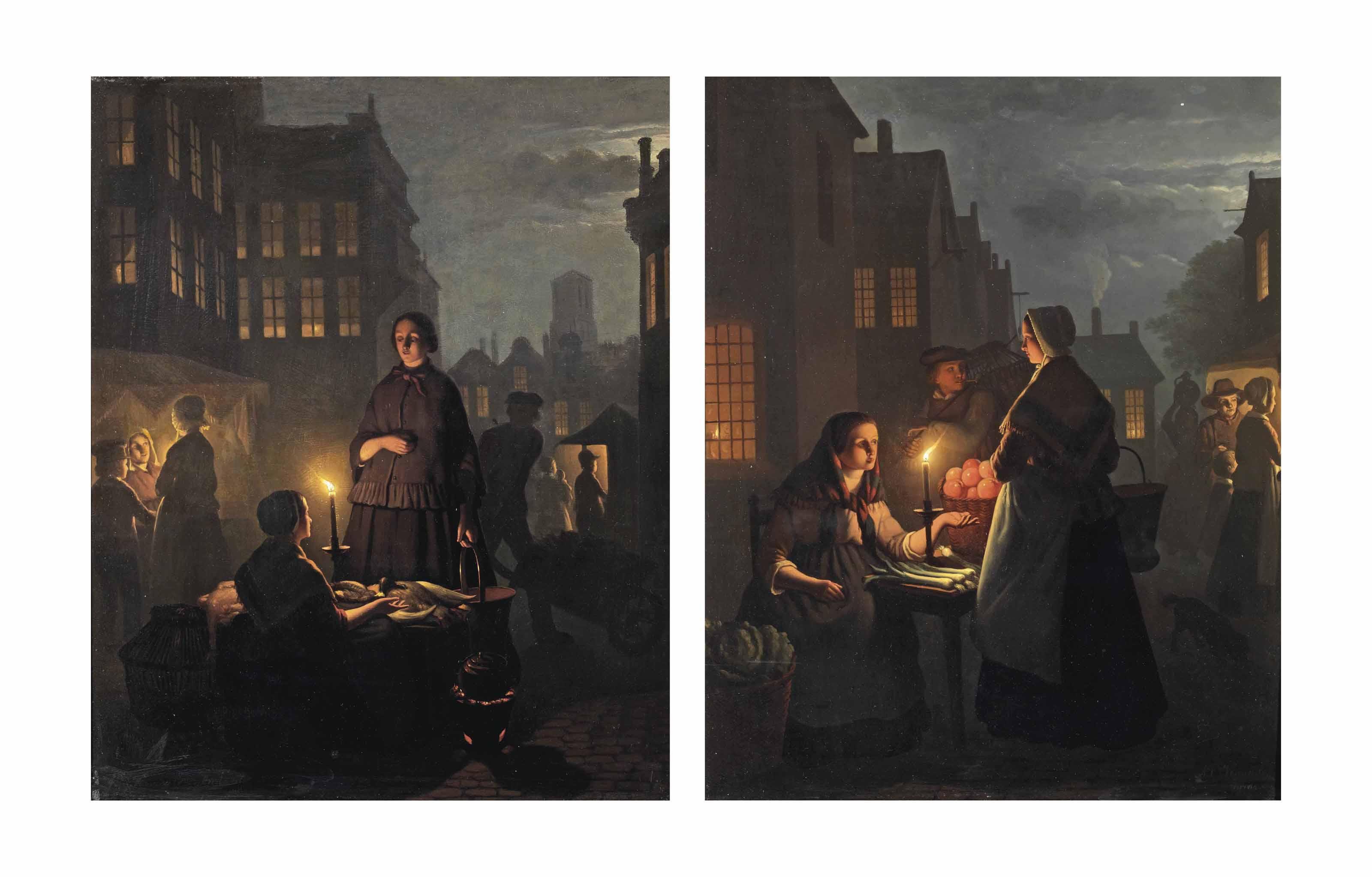André Vermeulen - A Nocturnal Market Scene With A Poultry Seller; And A Nocturnal Market Scene With A Vegetable Seller