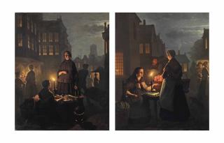 André Vermeulen - A Nocturnal Market Scene With A Poultry Seller; And A Nocturnal Market Scene With A Vegetable Seller
