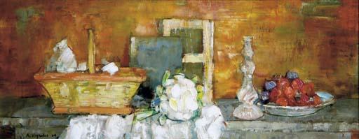 André Vignoles - A Cauliflower, A Plate of Plums With A Basket On A Table