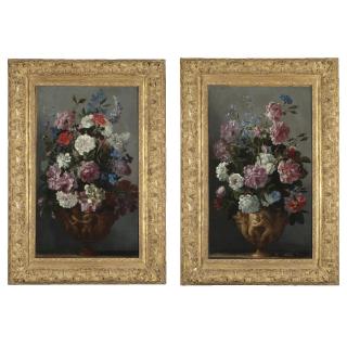 Andrea Belvedere - A Still Life Of Peonies, Roses, Carnations, Morning Glory, Hyacinths And Other Flowers In A Sculpted Vase; A Still Life Of Peonies, Roses, Carnations, Bluebells And Other Flowers In A Sculpted Vase