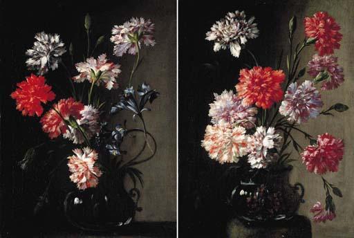Andrea Belvedere - Carnations and irises in a glass vase on a stone plinth ; and Carnations in a glass vase on a stone plinth