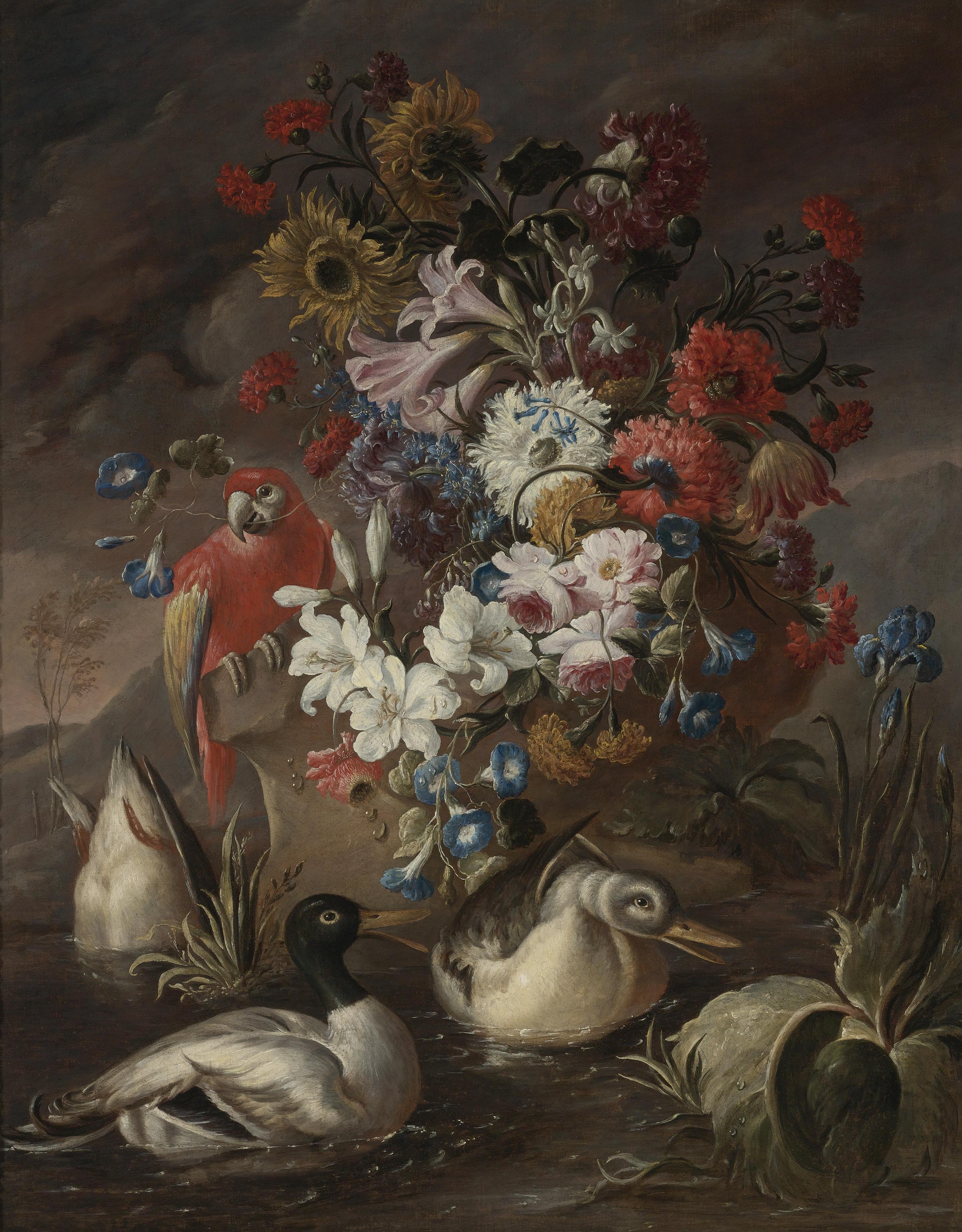 Andrea Belvedere - Floral Still Life With A Parrot And Ducks