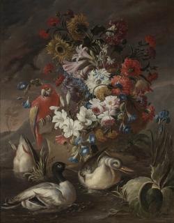 Andrea Belvedere - Floral Still Life With A Parrot And Ducks