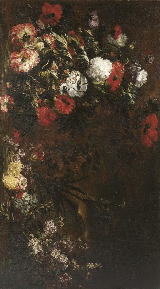 Andrea Belvedere - Peonies, poppies, an iris, a tulip and other flowers in a landscape