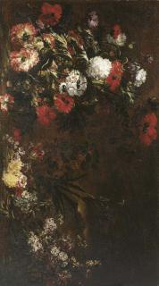 Andrea Belvedere - Peonies, poppies, an iris, a tulip and other flowers in a landscape