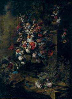 Andrea Belvedere - Roses, tulips, hydrangea and other flowers in an urn, a second urn on a pedestal, a landscape beyond