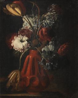 Andrea Belvedere - Tulips, roses and other flowers in a terracotta vase