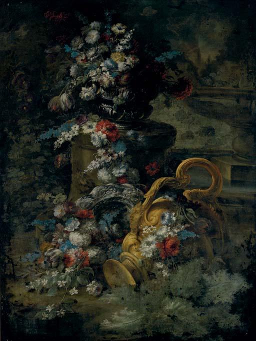 Andrea Belvedere - Tulips, roses, bluebells and other flowers in an urn, on a pedestal, a second urn below and a fountain beyond