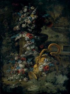 Andrea Belvedere - Tulips, roses, bluebells and other flowers in an urn, on a pedestal, a second urn below and a fountain beyond