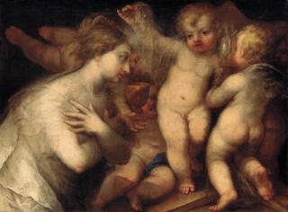 Andrea Celesti - A female figure surrounded by desporting putti