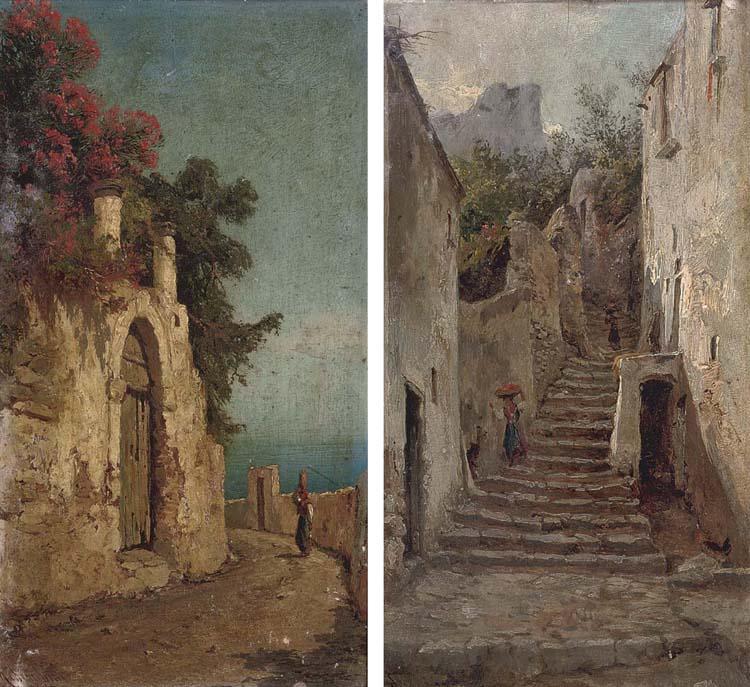 Andrea Cherubini - Girls carrying baskets of fruit down a Capri backstreet; and a Girl carrying a vessel on a coastal road