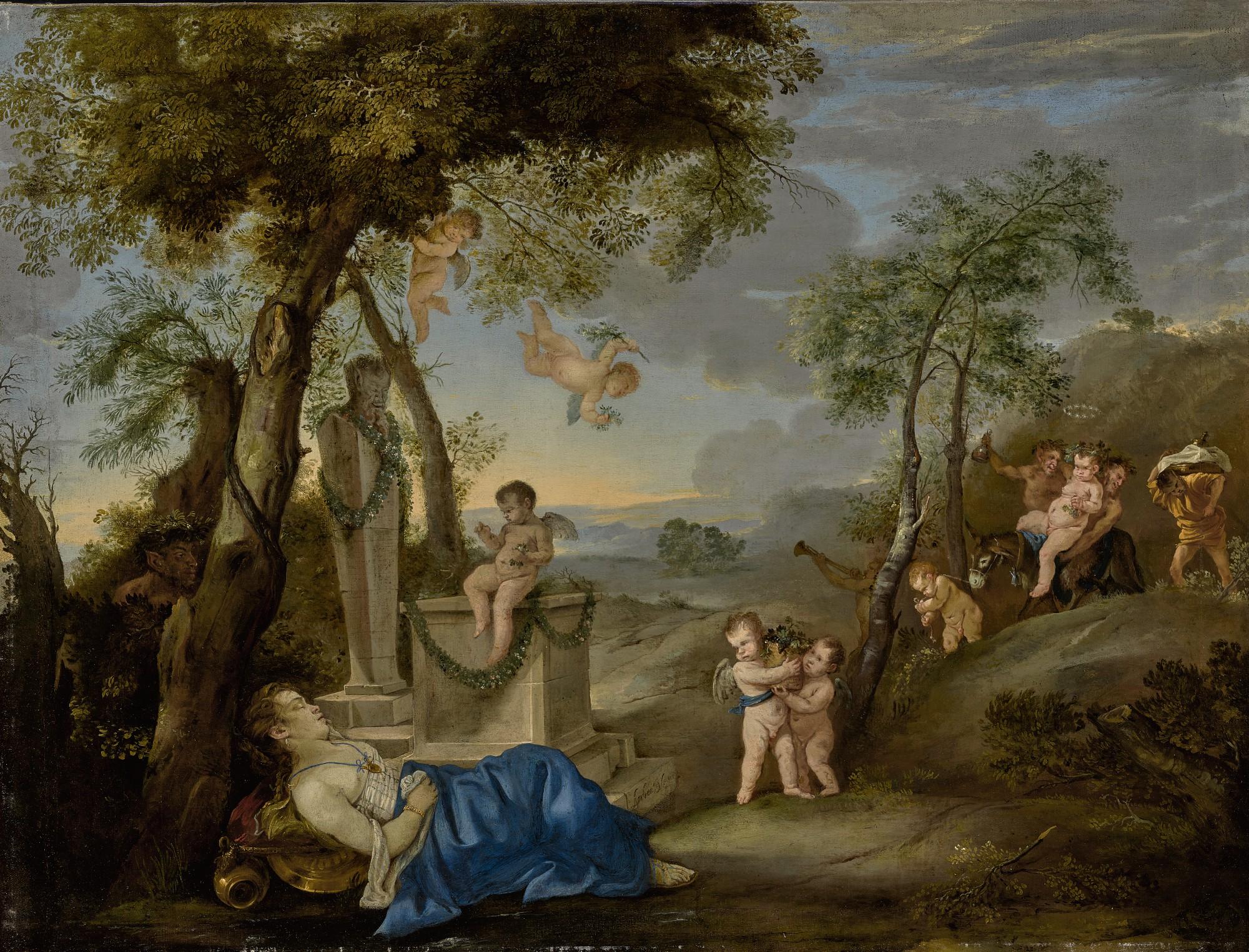 Andrea De Leone - Ariadne Asleep In A Classical Landscape With Silenus And His Retinue Approaching