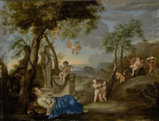 Andrea De Leone - Ariadne Asleep In A Classical Landscape With Silenus And His Retinue Approaching