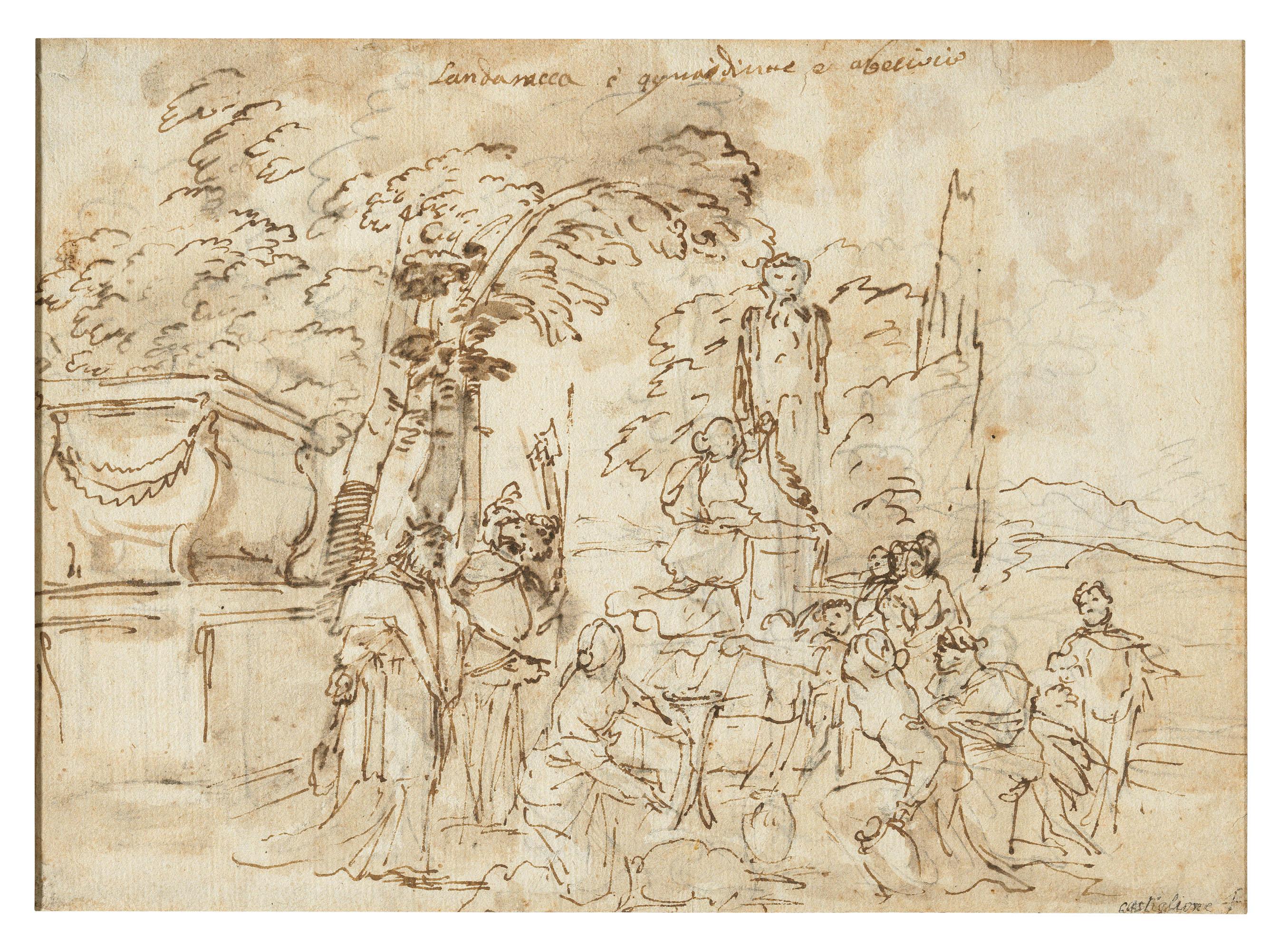 Andrea De Leone - Priests by a tomb and young women garlanding a herm (recto); Study of a landscape (verso)