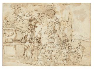 Andrea De Leone - Priests by a tomb and young women garlanding a herm (recto); Study of a landscape (verso)