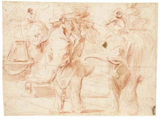 Andrea De Leone - Trois hommes montés sur des éléphants portant des trophées