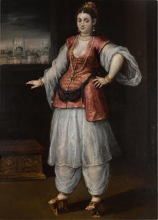 Andrea Del Michieli - Portrait Of A Sultana, Full-Length, Wearing White Salvar And Gömlek, And A Red And Gold Embroidered Yelek, With A Capriccio Of Constantinople Beyond