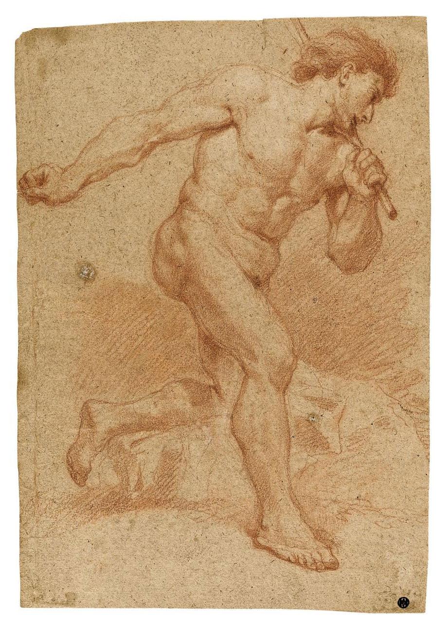 Andrea di Leone - An academic male nude holding a rod to his left shoulder