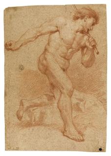 Andrea di Leone - An academic male nude holding a rod to his left shoulder