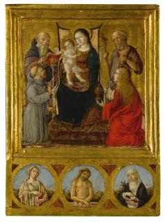 Andrea Di Niccolò - Madonna And Child Surrounded By Saints Anthony Abbot, Francis, Jerome, And Mary Magdalene, With Christ As The Man Of Sorrows, Saint Catherine, And Another Female Saint (Irene?) In Roundels Below