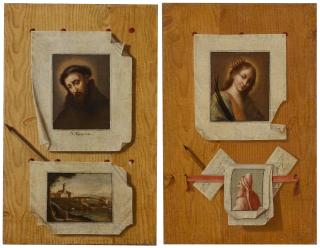 Andrea Domenico Remps - A Pair Of Trompe L\'Œil Still Lifes, With Illusionistic Prints Of: A Female Saint; And Saint Francis