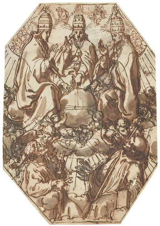 Andrea Lilio - Trois papes autour d\'un globe entourés d\'anges avec Saint Pierre et un autre saint