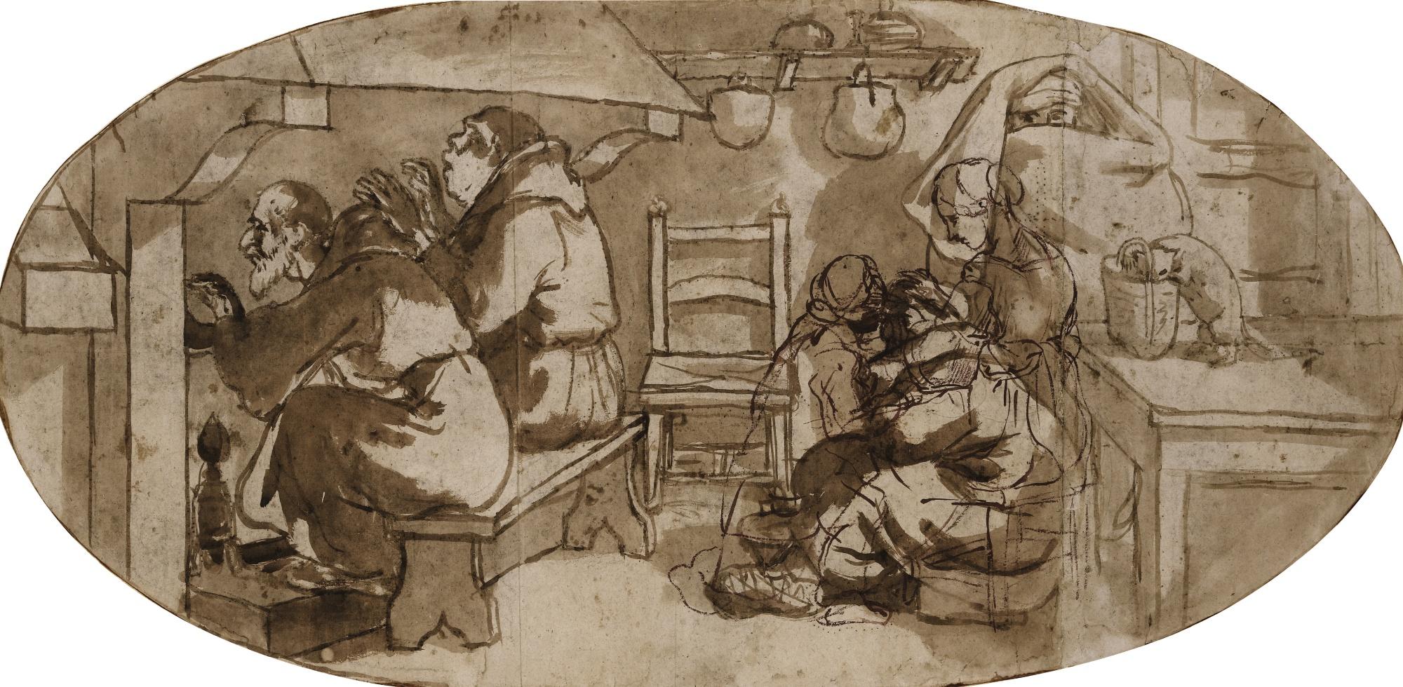 Andrea Lilio - Two Monks Warming Themselves By A Hearth, Two Further Figures On The Right With Another Two Figures Drawn Over The Top