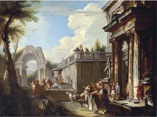 Andrea Locatelli - A capriccio of classical ruins with figures by a temple, a triumphal arch beyond