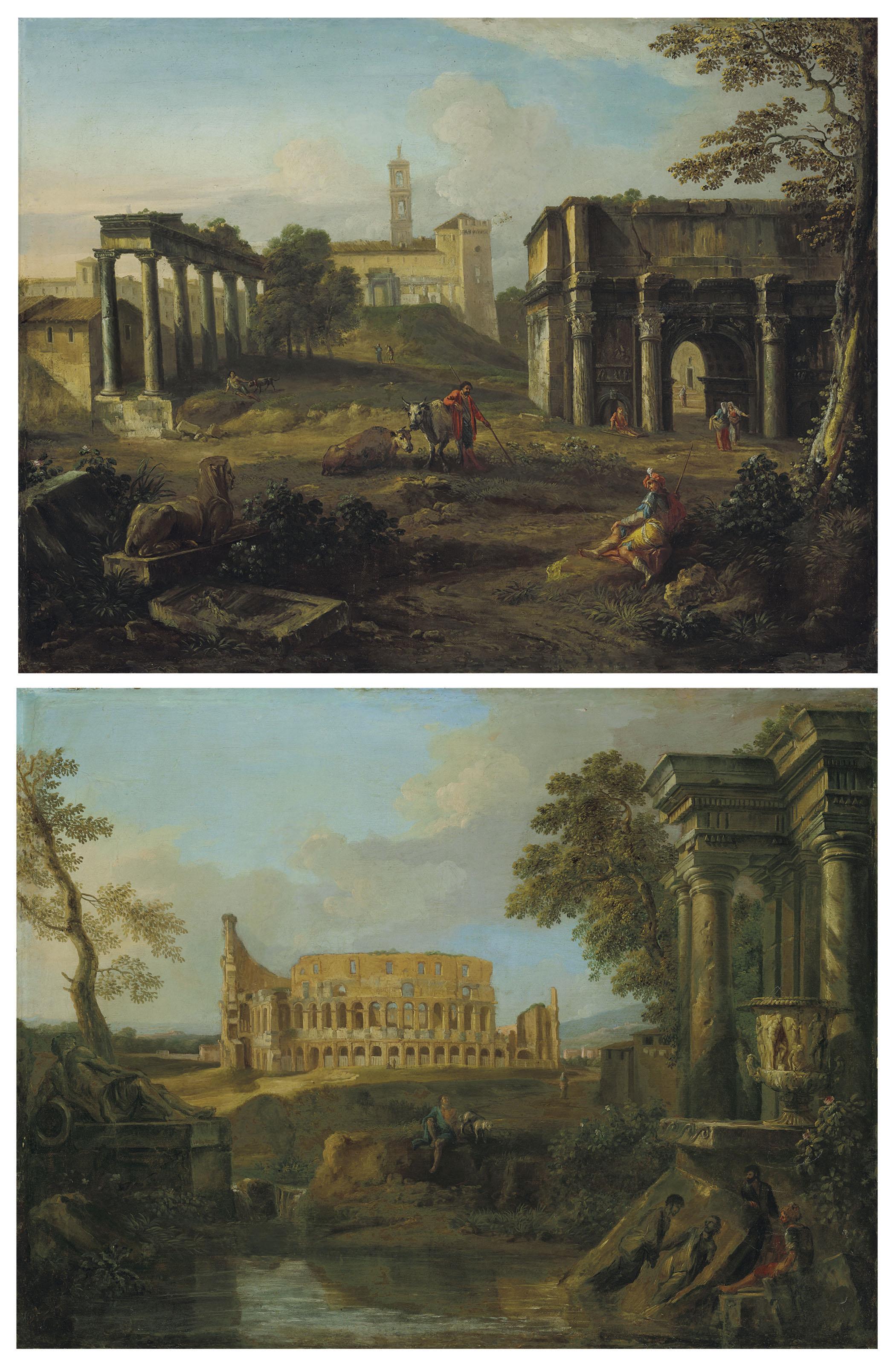 Andrea Locatelli - A capriccio Roman landscape with the Colosseum; and A capriccio Roman landscape with The Forum, the Arch of Septimius Severus and the Temple of Saturn, the Campidoglio beyond