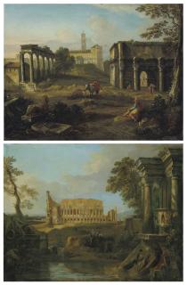 Andrea Locatelli - A capriccio Roman landscape with the Colosseum; and A capriccio Roman landscape with The Forum, the Arch of Septimius Severus and the Temple of Saturn, the Campidoglio beyond